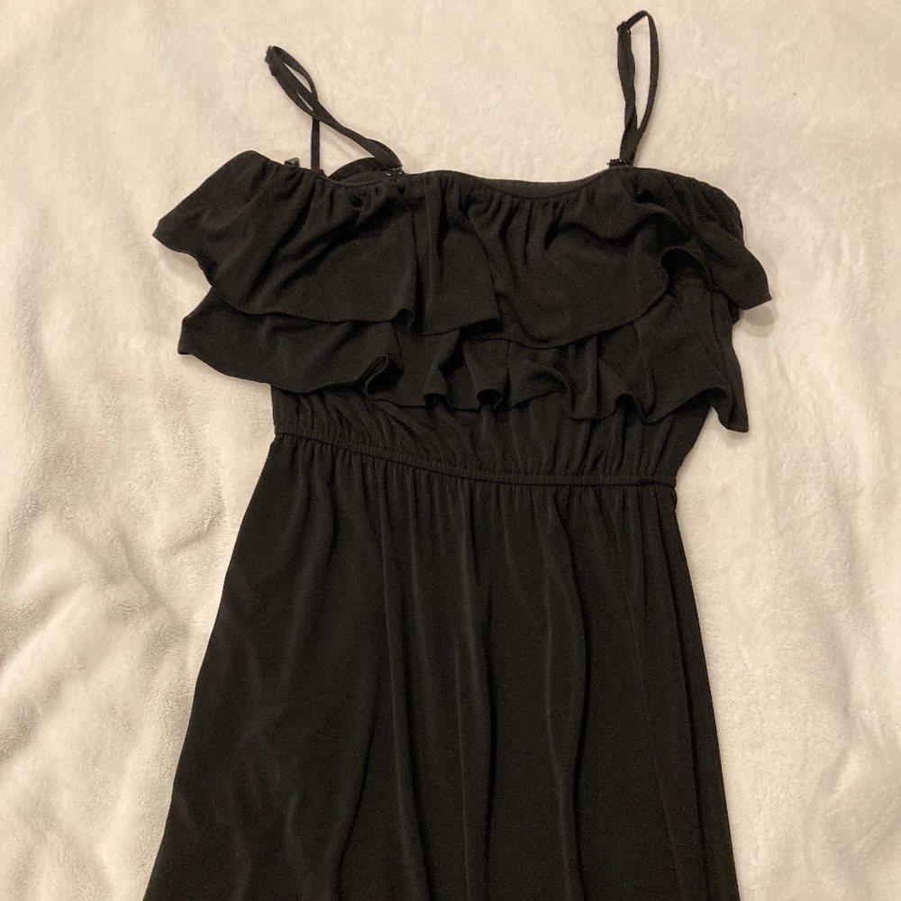 Suzi Chin black ruffle top full length dress detachable spaghetti straps size 2